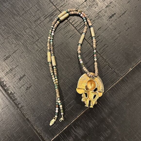 Vintage Anthropomorphic Figure Diadem Gold Tone Aztec Massive Pendant Necklace - Picture 5 of 8